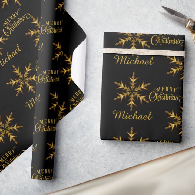 Black Gold Snowflake Add Name Merry Christmas Wrapping Paper (Creator Uploaded)