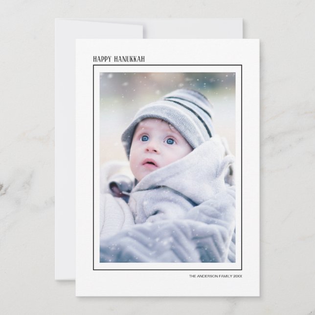 Black & Gold Snowflake Happy Hanukkah Family Photo Holiday Card (Front)
