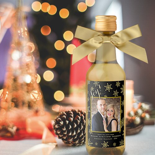 Black  Gold Snowflake Joy Photo Holiday Mini Wine Label