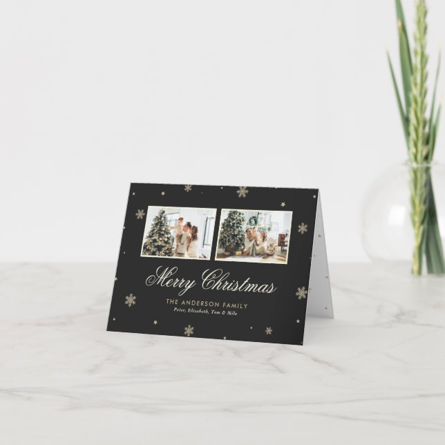 Black Gold Snowflake Minimalist Photo Holiday Card (Front)