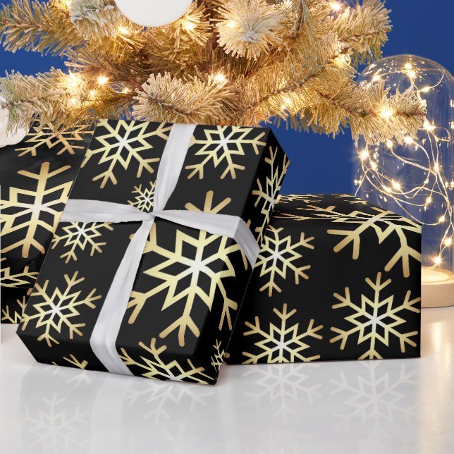 Black gold snowflake pattern party wrap wrapping paper (Holidays)
