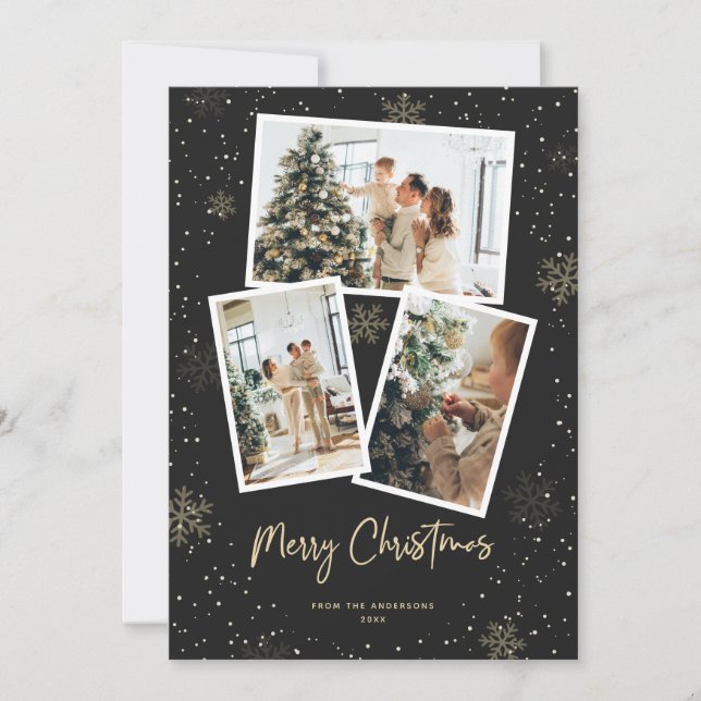 Black Gold Snowflake Photo Merry Christmas Card (Front)