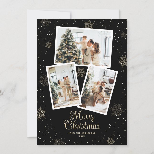 Black Gold Snowflake Photo Merry Christmas Card (Front)