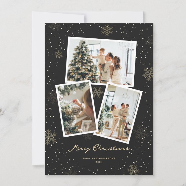 Black Gold Snowflake Photo Merry Christmas Card (Front)