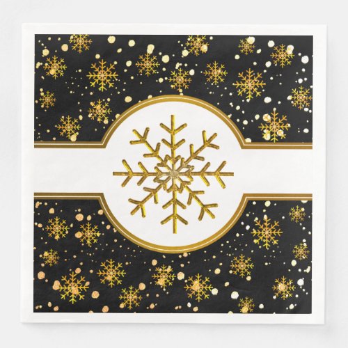 Black Gold Snowflakes Christmas Holiday Paper Dinner Napkins