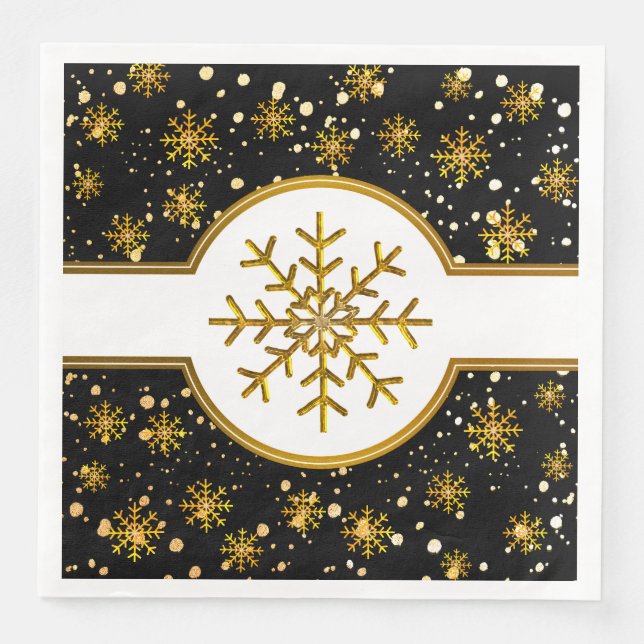Black| Gold Snowflakes Christmas Holiday Paper Dinner Napkins (Front)