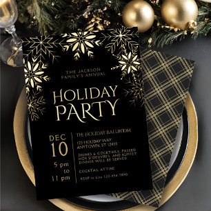 Black & Gold Snowflakes Glitter Plaid Holiday Glam Foil Invitation