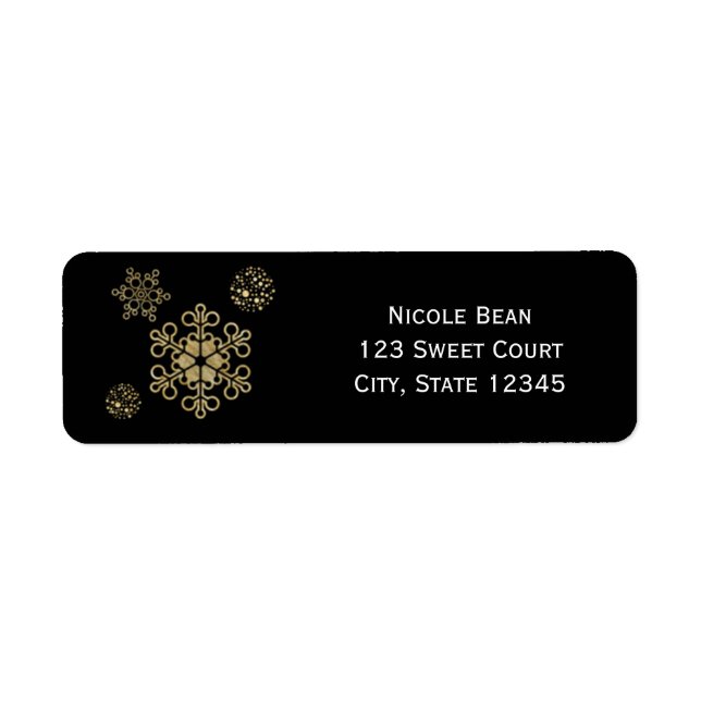 Black & Gold Snowflakes Holiday Address Label (Front)