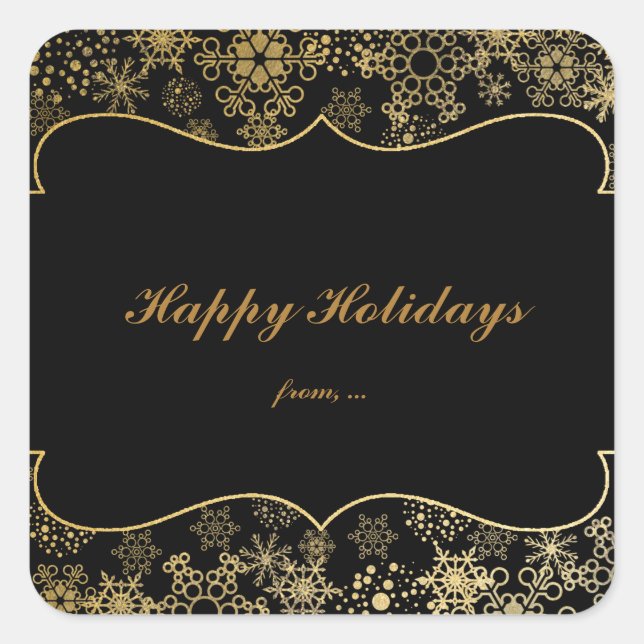 Black & Gold Snowflakes Holiday Favor Stickers (Front)