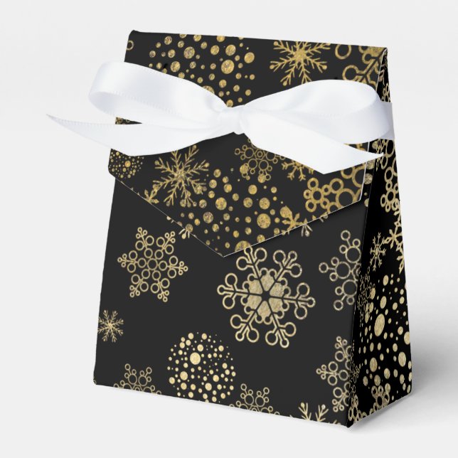 Black & Gold Snowflakes Holiday Party Favor Boxes (Front Side)