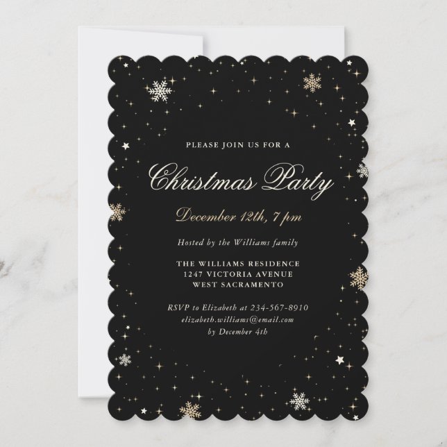 Black Gold Snowflakes Stars Christmas Party Invitation (Front)