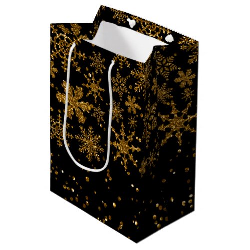 Black  Gold Snowflakes Stars Merry Christmas   Medium Gift Bag