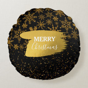 Black & Gold Snowflakes Stars Merry Christmas  Round Pillow