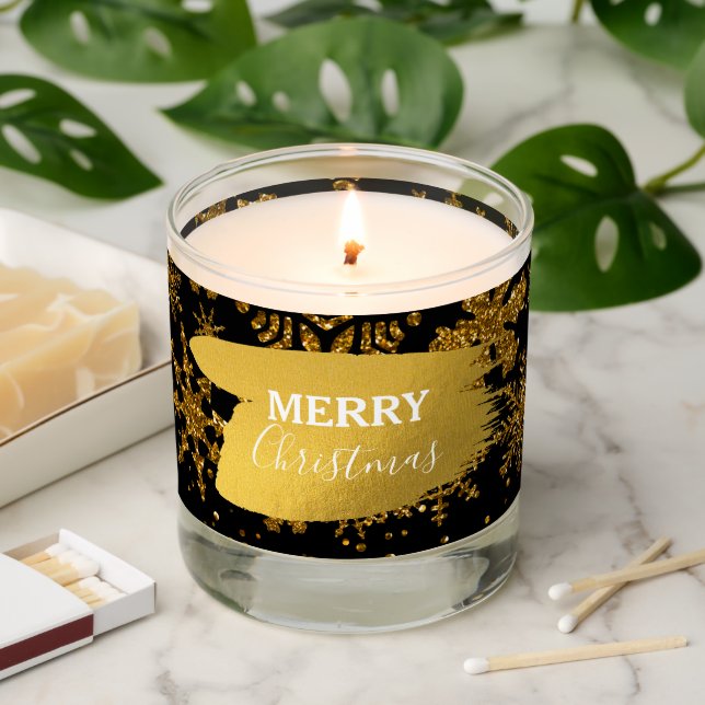 Black & Gold Snowflakes Stars Merry Christmas Scented Candle (Lit)