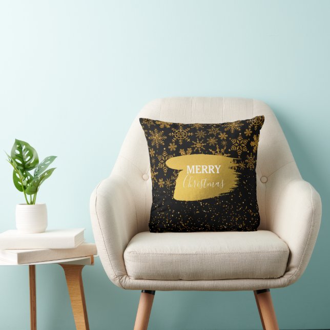 Black & Gold Snowflakes Stars Merry Christmas Throw Pillow (Chair)
