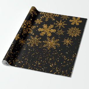 Black & Gold Snowflakes Stars Merry Christmas Wrapping Paper