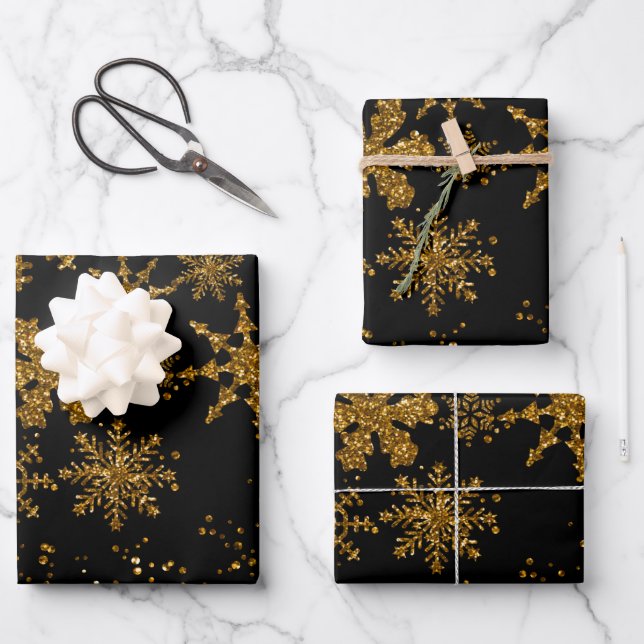 Black & Gold Snowflakes Stars Merry Christmas Wrapping Paper Sheets (Front)