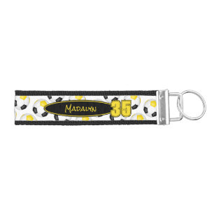 black gold soccer balls pattern athlete name wrist keychain