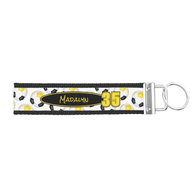 black gold soccer balls pattern athlete name wrist keychain (Keys on Right)