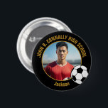 Black Gold Soccer Player Photo High School Button<br><div class="desc">This cool customized high school soccer player photo gift features your team and player name on a black and gold button with a soccer ball. Personalize with your student's photograph and class year as a proud futbol parent. A mom and dad can wear these buttons to sports games.</div>
