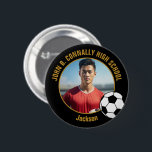 Black Gold Soccer Player Photo High School Button<br><div class="desc">This cool customized high school soccer player photo gift features your team and player name on a black and gold button with a soccer ball. Personalize with your student's photograph and class year as a proud futbol parent. A mom and dad can wear these buttons to sports games.</div>