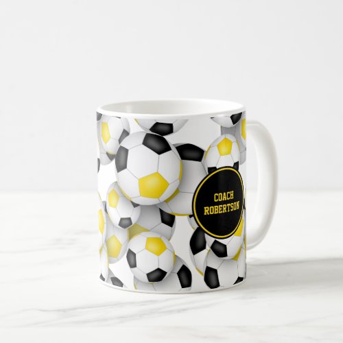 Black gold soccer team colors coach name coffee mug