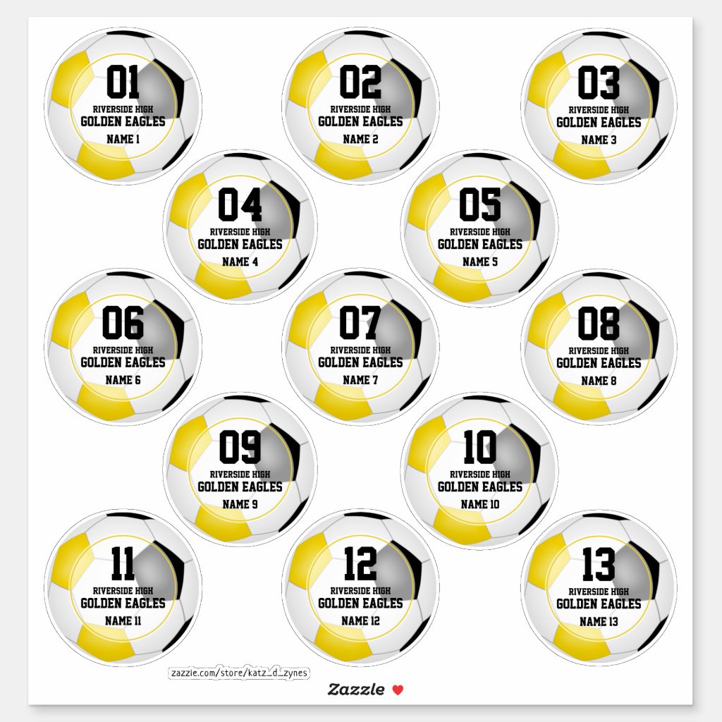 black gold soccer team colors set of 13 custom stickers