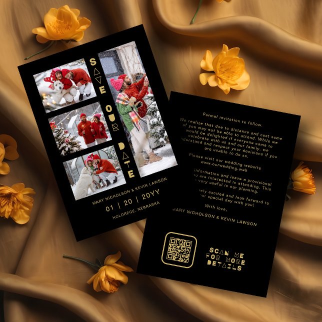 Black & Gold Sophisticated 4 Multi-Photos Collage Save The Date (Black & Faux Gold Sophisticated 4 Multi-Photos Collage Whimsical Script Save the Date Card.)
