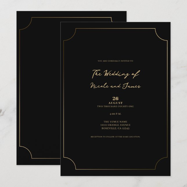 Black & Gold Sophisticated Minimal Wedding Invitation (Front/Back)