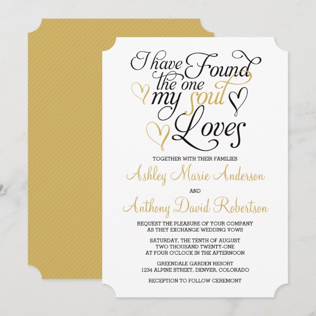 Black Gold Soul Loves Heart Wedding Invitation (Front/Back)