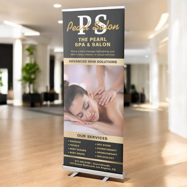 Black Gold Spa Salon Monogram Photo Collage Logo Retractable Banner (Creator Uploaded)
