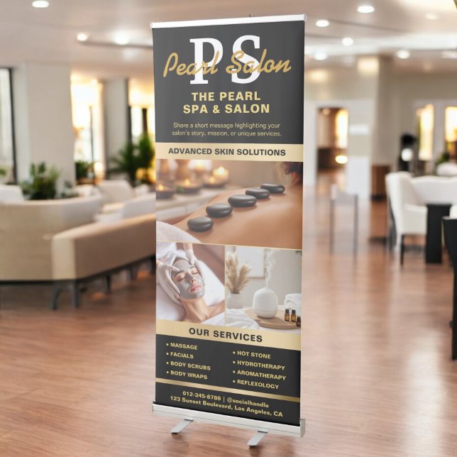 Black Gold Spa Salon Monogram Photo Collage Logo Retractable Banner (Creator Uploaded)