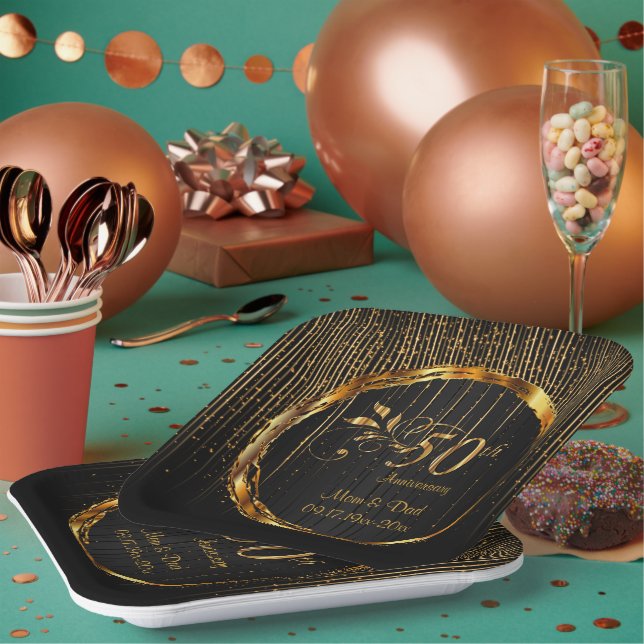 Black & Gold Sparkle 50th Wedding Anniversary Paper Plates (Multi)