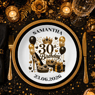 Black Gold Sparkle Confetti 30th Party Plates Chic