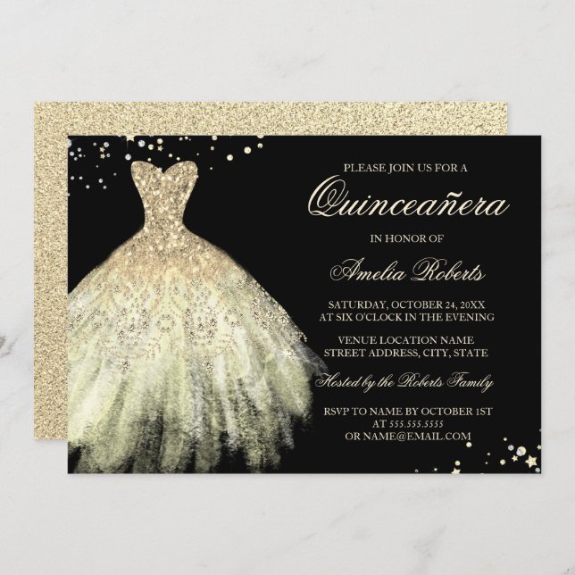 Black Gold Sparkle Dress Quinceanera Invitation (Front/Back)