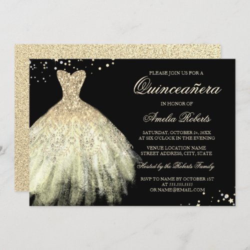 Black Gold Sparkle Dress Quinceanera Invitation