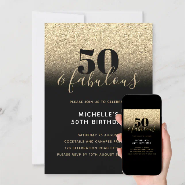 Black Gold Sparkle Faux Glitter 50th Birthday Invitation | Zazzle