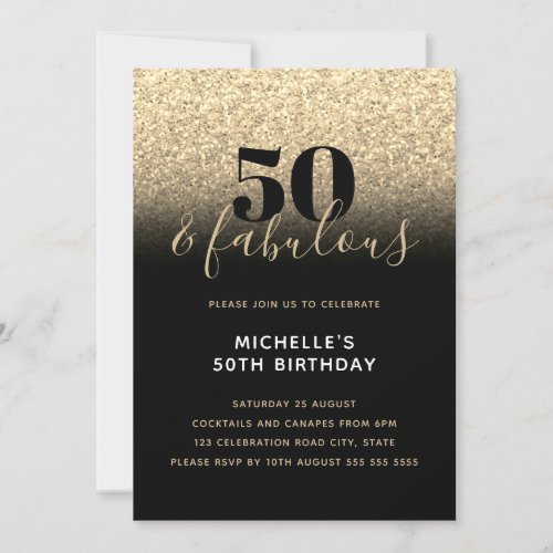 Black Gold Sparkle Faux Glitter 50th Birthday Invitation