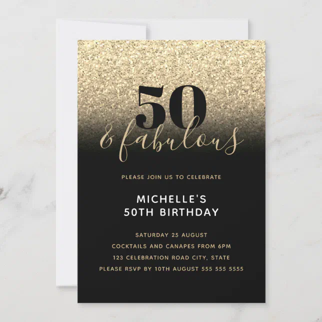 Black Gold Sparkle Faux Glitter 50th Birthday Invitation | Zazzle