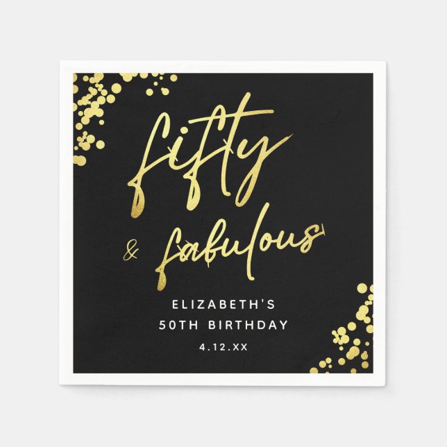 Black Gold Sparkle Fifty and Fabulous Birthday Napkins (Front)