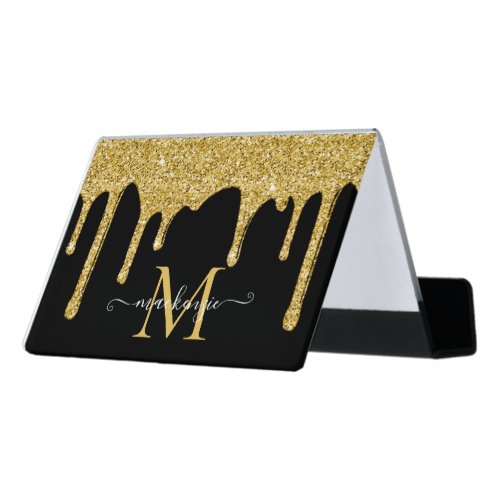 Black Gold Sparkle Glitter Drip Luxury Monogram Desk Business Card Holder