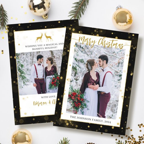 Black Gold Sparkle Merry Christmas 2 Photo Holiday Card