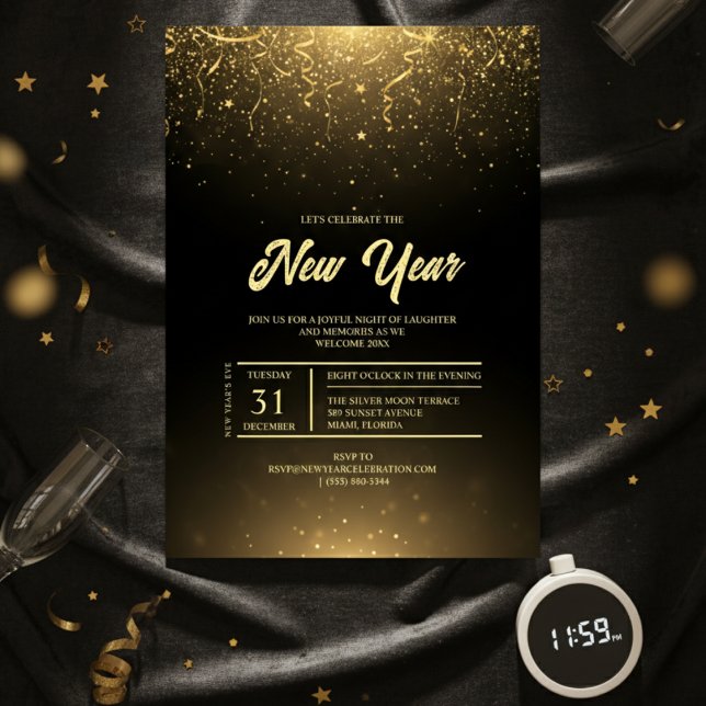 Black Gold Sparkle New Year Party Invitation (Black Gold Sparkle New Year Party Invitation)