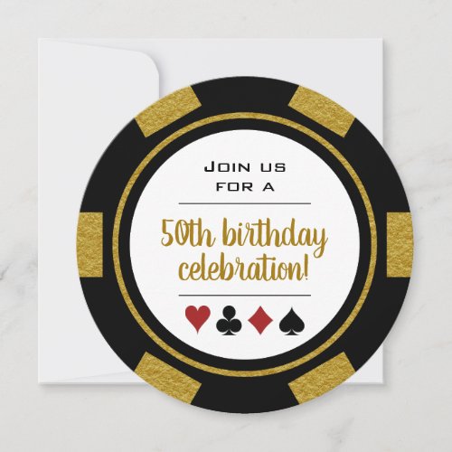 Black Gold Sparkle Poker Chip Casino Birthday Invitation