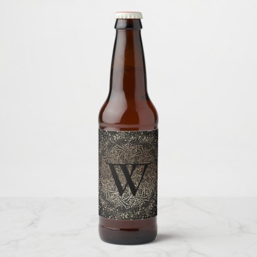 Black Gold Sparkle Snowflake Monogram Beer Bottle Label