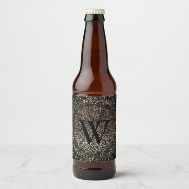 Black Gold Sparkle Snowflake Monogram Beer Bottle Label (Front)