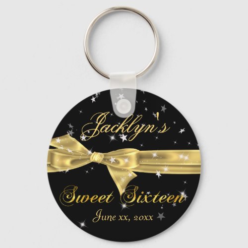 Black Gold Sparkle Sweet Sixteen Party Favor Keychain