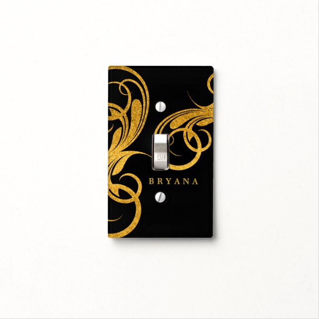 Black & Gold Sparkle Swirl Light Switch Cover (In Situ)