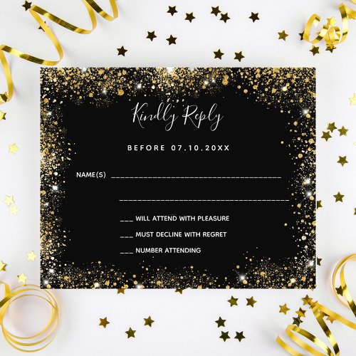 Black gold sparkles budget wedding RSVP Flyer