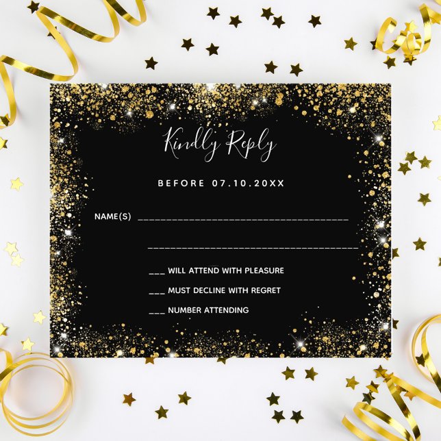 Black gold sparkles budget wedding RSVP Flyer (Creator Uploaded)